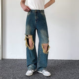 Bonsir Summer Men's Worn Out Jeans Vintage Distressed Hole Wide Leg Denim Straight Pants Korean Personality Casual Srteet