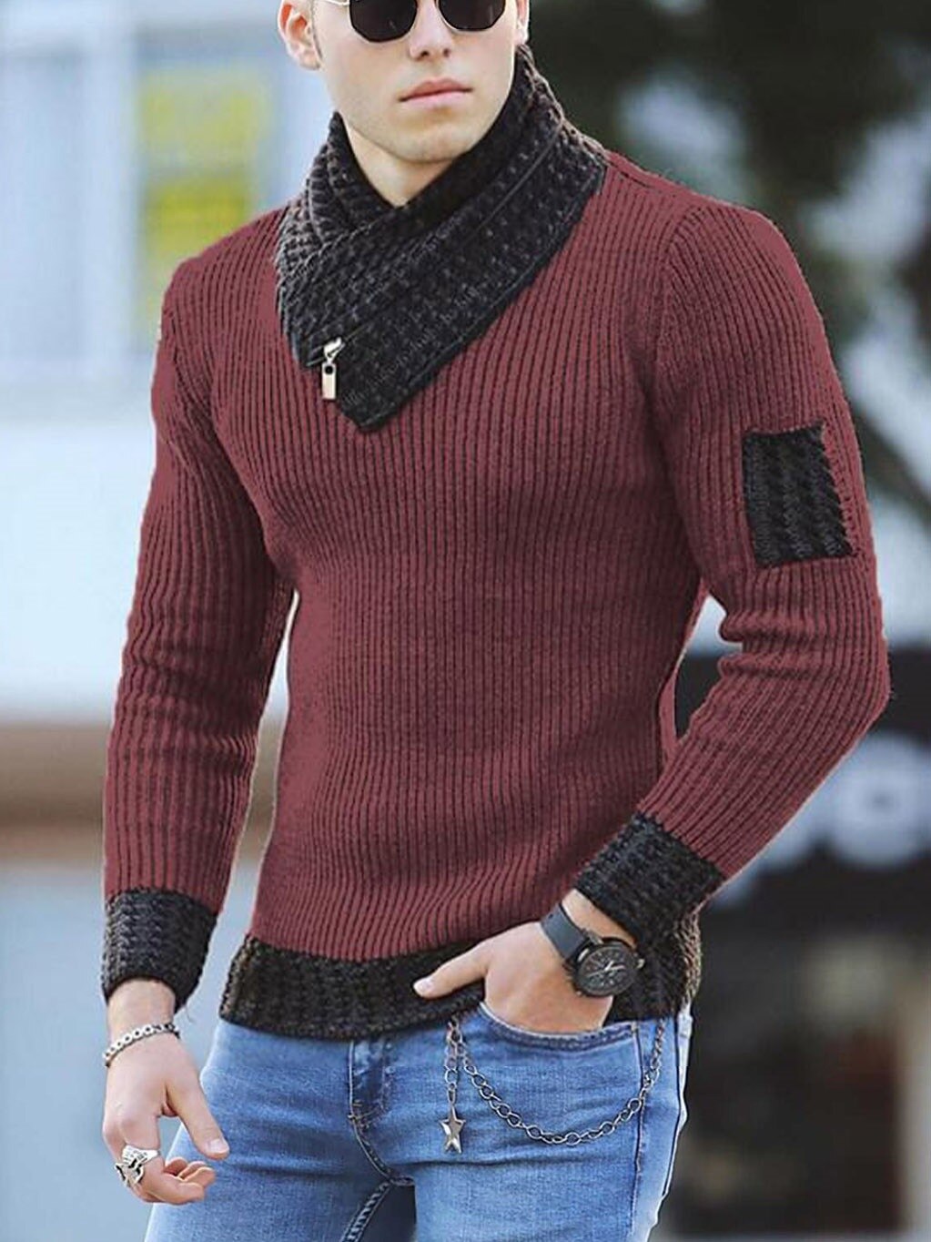 Bonsir Autumn New Men's Pullover Long Sleeve High Neck Sweater Color Matching Trend Sweater