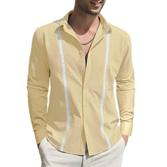 Bonsir Autumn Men Loose Shirts Casual Striped Patchwork Button-up Cardigans For Mens Spring Fashion Turn-down Collar Long Sleeve Shirt