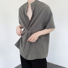 Bonsir Summer Solid Color Standing Collar Shirts Fahion Niche Design Cross Placket Casual Tops Summer Short Sleeve Cardigan