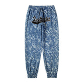 Bonsir Tie Dye Washed Letter Embroidery Drawstring Jeans Pants Men's Retro Streetwear Joggers Sweatpants Oversize Casual Denim Trousers