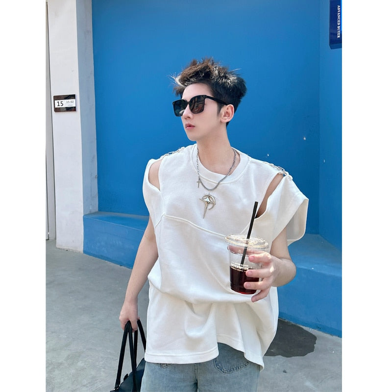 Bonsir Man's Metal Button Sleeveless Tshirt Fashion High Street Patchwork Male Casual Tops New Niche Design Streetwear