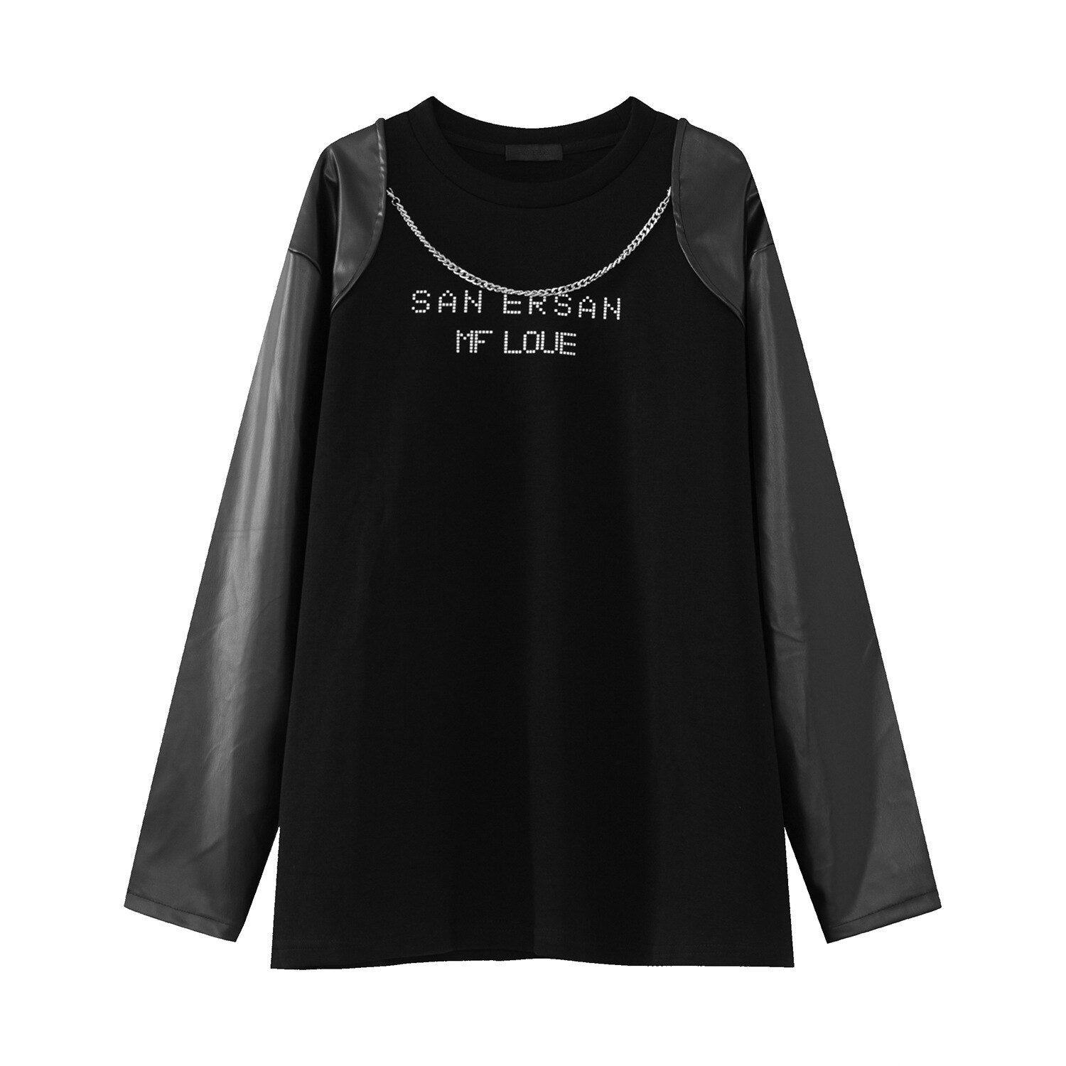 Bonsir Men Loose Letter Chain Splice Long Leather Sleeve T-shirt Male Women Korean Streetwear Fashion Hip Hop Tees Shirts Couple Tshirt