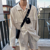 Bonsir Summer Men's Suit Solid Color Two-piece Sets Lapel Long Sleeve Shirt Elastic Waist Shorts 2023 Korean New Fashion
