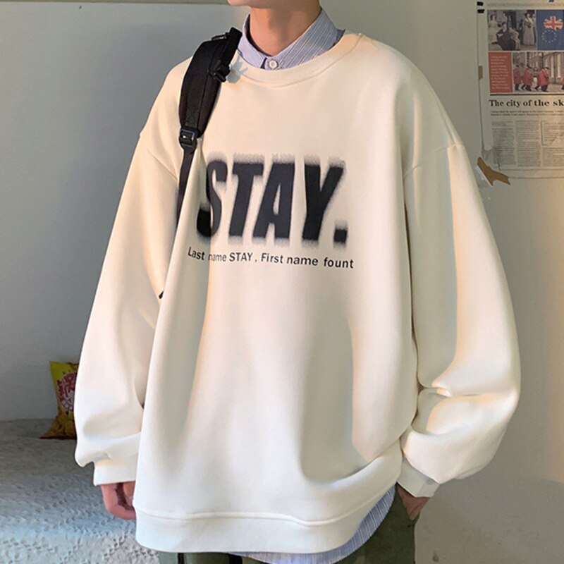 Bonsir Stay Letter Printed Men Overszied Hoodie Autumn Winter Fleece Male Casual Warm Sweatshirts Korean Man Pullovers