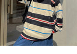 Bonsir Ruffian handsome striped tattered knitwear men's Korean version trend loose small crowd high street hip-hop couple round neck