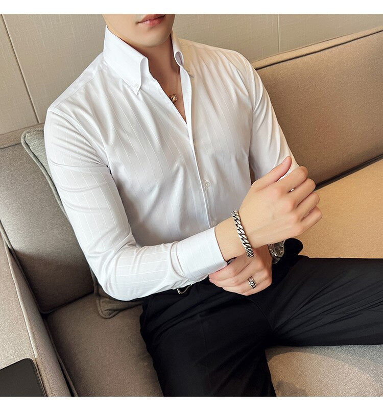 Bonsir British Style Striped Shirts Men V Collar Long Sleeve Casual Shirt Male Business Formal Dress Shirts Social Party Blouse