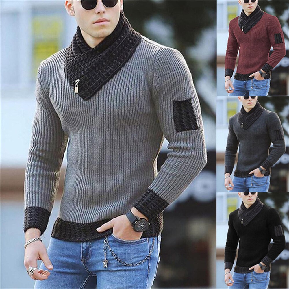 Bonsir Autumn New Men's Pullover Long Sleeve High Neck Sweater Color Matching Trend Sweater