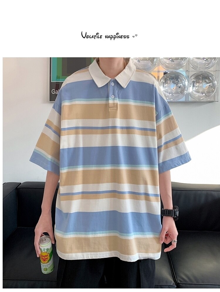 Bonsir Summer Men's Stripe Printing Short Sleeve T-shirt Lapel Collar Cotton Clothes Tshirts Blue/Apricot/yellow Cotton T Shirts