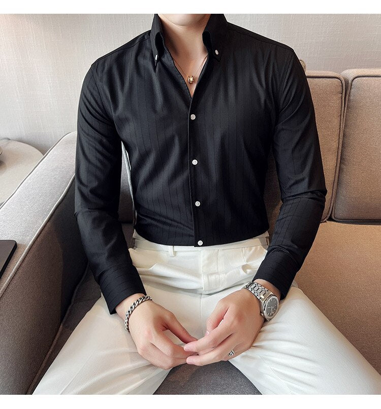 Bonsir British Style Striped Shirts Men V Collar Long Sleeve Casual Shirt Male Business Formal Dress Shirts Social Party Blouse