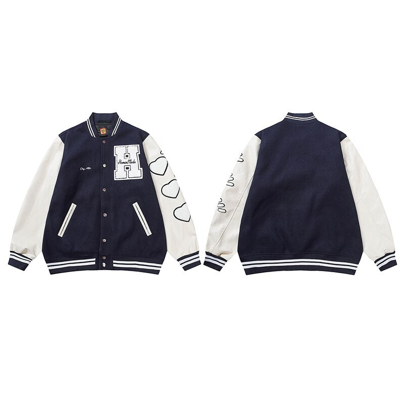 Bonsir Girls Don't Cry Letter Flocking Contrast Color Baseball Jackets for Men and Women Retro Stand Pu Leather Sleeve Winter Coat