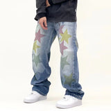Bonsir High Street Color Stars Full Print Washed Jeans Pants Men's Straight Pocket Retro Patchwork Baggy Casual Denim Trousers Oversize