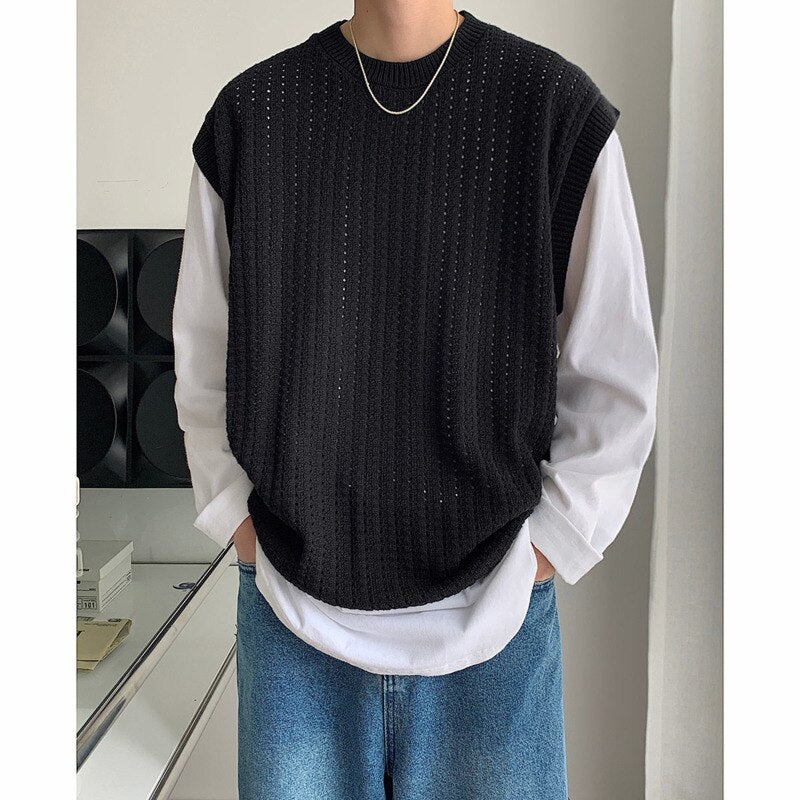 Bonsir Autumn Apricot Black Sweater Vest Men Warm Fashion Casual Knit Pullover Men Korean Loose Sleeveless Crewneck Sweater Mens Jumper