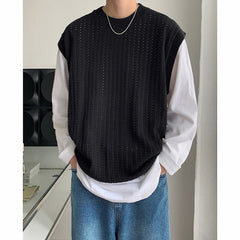 Bonsir Autumn Apricot Black Sweater Vest Men Warm Fashion Casual Knit Pullover Men Korean Loose Sleeveless Crewneck Sweater Mens Jumper