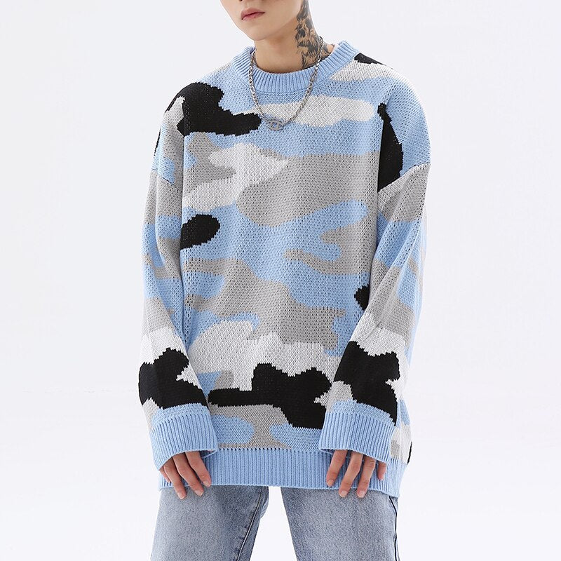 Bonsir Original Cow Texture Spliced Casual Winter Men's Clothes Round Neck Pullover Knit Oversize Retro Couple Sweater Loose Streetwear