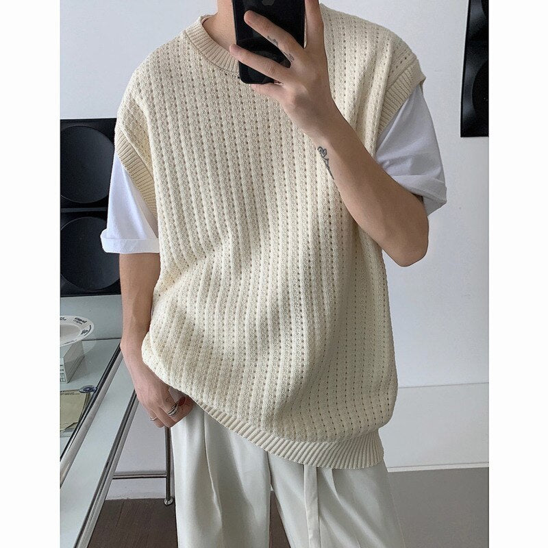 Bonsir Autumn Apricot Black Sweater Vest Men Warm Fashion Casual Knit Pullover Men Korean Loose Sleeveless Crewneck Sweater Mens Jumper