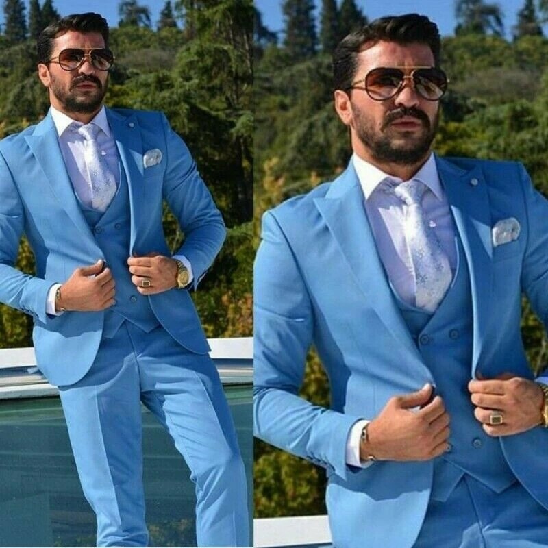 Bonsir The New Formal Fashion Blue Suits For Men's Groom Wedding Wear Suits Slim Tuxedos Peak Lapel Custom Made 3 Pieces