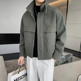Bonsir Men Japanese Trendy Woolen Short Jacket Loose Casual Vintage Coat for Men Spring Windproof Neck Protector Streetwear Jacket
