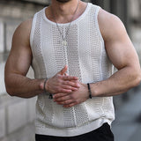 Bonsir Fashion Hollow Out Knit Tank Tops Mens Casual Solid Color Sleeveless O Neck Straps Knitted Vest Summer Men Vintage Slim Camisole