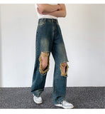 Bonsir Summer Men's Worn Out Jeans Vintage Distressed Hole Wide Leg Denim Straight Pants Korean Personality Casual Srteet