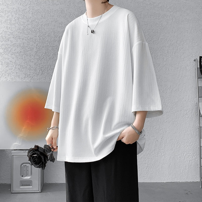 Bonsir High Quality Men Oversized Ice Silk T Shirts Summer Mens Half Sleeve Fashions Harajuku T-Shirt Male Solid Simple Daily Tees