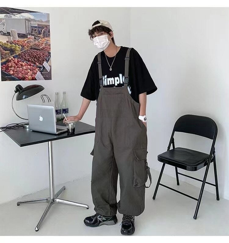 Bonsir  Men's Fashion Oversized Overalls College Style Salopettes Romper Jumpsuit Grey/black Color Casual Pants Loose Work Trousers