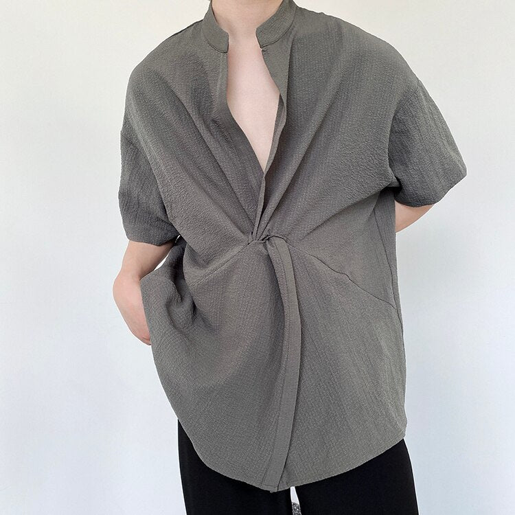 Bonsir Summer Solid Color Standing Collar Shirts Fahion Niche Design Cross Placket Casual Tops Summer Short Sleeve Cardigan