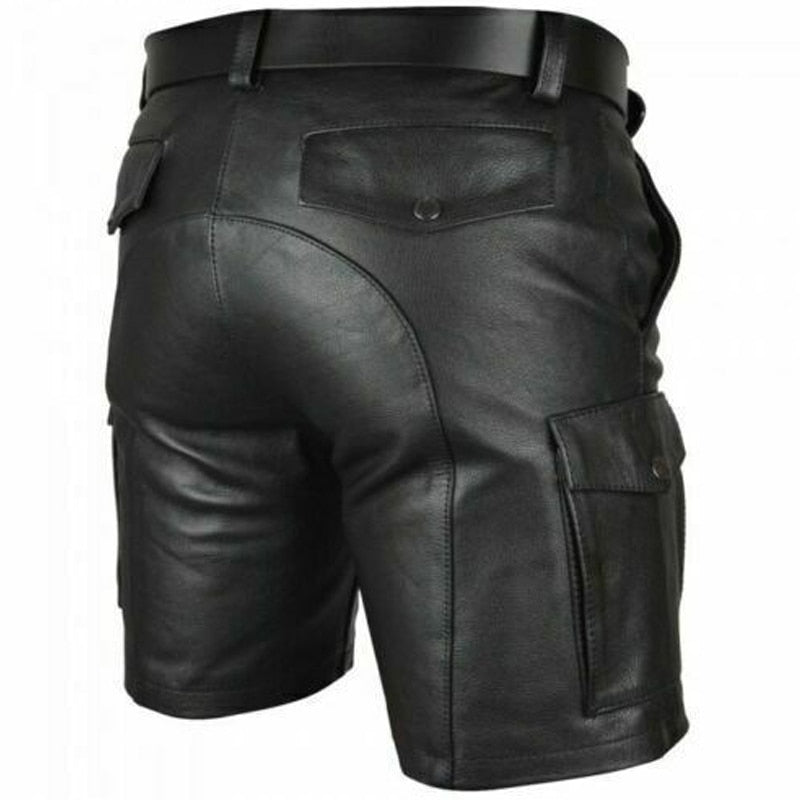 Bonsir Fashion Solid Color Faux Leather Shorts Spring Summer Leisure Pockets Cargo Short Pant Men's Casual Slim Shorts Streetwear