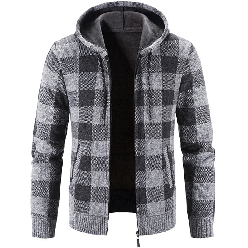 Bonsir Men's Hooded Plaid Printed Long Sleeve Sweater Autumn Winter Plush Large Casual Cardigan Coat