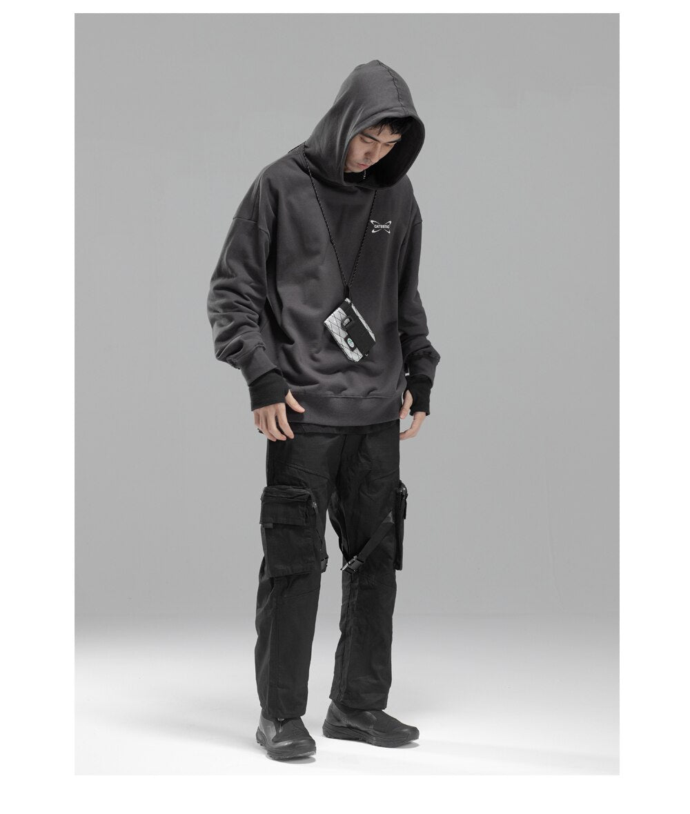 Bonsir Men's Drawstring Pants Side Pockets Loose Techwear Trousers Mechanical Pocket Ribbon Jogger Pants