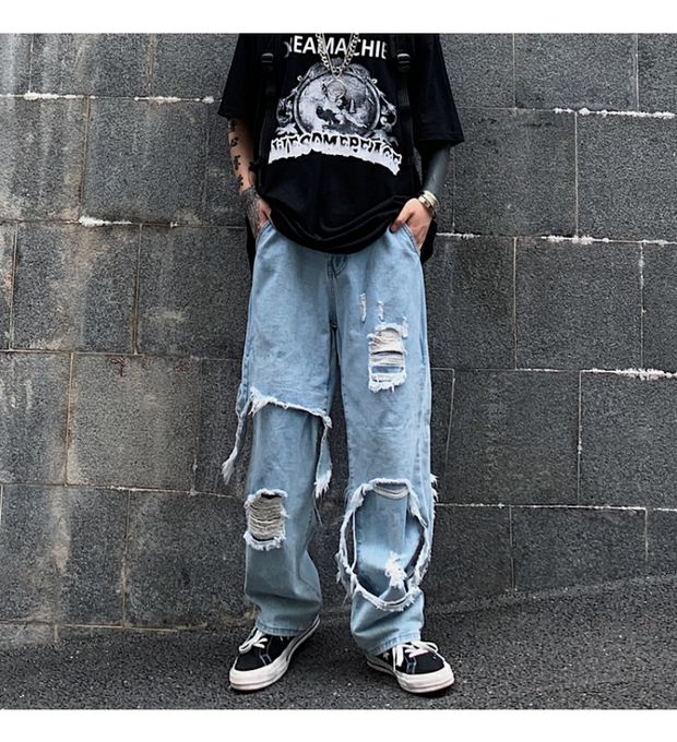 Bonsir High Street Dark Personality Destroys Raw Edge Fake Two Trendy Jeans Ripped Harajuku Punk Wide-leg Straight Denim Pants Black