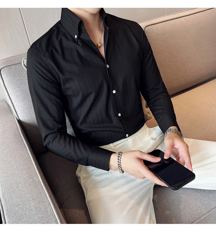 Bonsir British Style Striped Shirts Men V Collar Long Sleeve Casual Shirt Male Business Formal Dress Shirts Social Party Blouse