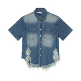 Bonsir High Street Men's Fashion Burrs Hole Denim Shirts Vintage Niche Desian Male Casual Short Sleeve Lapel Cardigan Coat