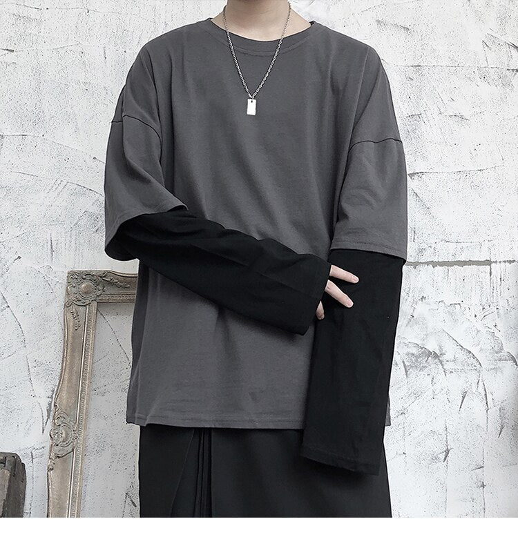 Bonsir Autumn Spring Fashion Oversized Fake Two Pieces Black Grey Tshirt Men's Long Sleeve Casual O Neck T-Shirt For Man TOP TEES