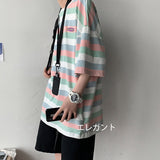 Bonsir Casual T-shirts All-match Fashion Rainbow-colored Contrasting Loose Tops Classic Five-point Sleeves O-neck Men Clothes Oversize