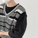 Bonsir Winter Men's Loose V-neck Wool Sweater Vest Striped Printing Pullover Fashion Trend Sleeveless Knitting Blue/black Coats