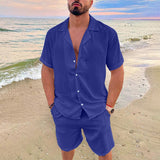 Bonsir Solid Color Cotton Linen Hawaiian Shirt Set Men Summer New Vacation Fashion Lapel Casual Short Sleeve Top Shorts 2pcs Set