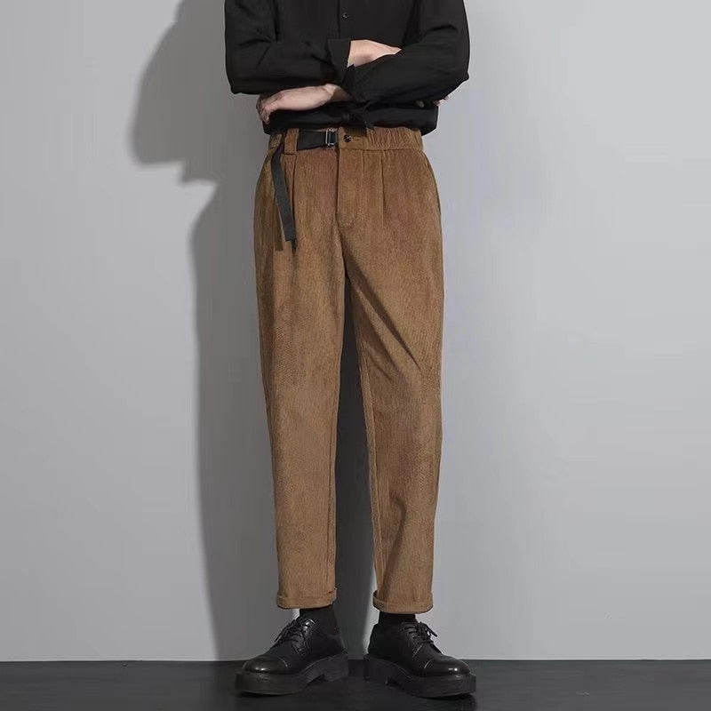 Bonsir Men's Corduroy Fabric Casual Pants Koreanfashion Trend Loose Straight Pants Belt One-piece High-quality Suit Pants 28-38