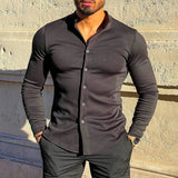 Bonsir Leisure Stand Collar Button-up Shirt Mens Solid Color Long Sleeve Slim Casual Shirts Spring Summer Men Fashion Tops Clothes