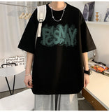 Bonsir Letter Printed Short Sleeved T-Shirt For Men's Summer Pure Cotton 300g Heavyweight Fashion Label Oversize Half Sleeve S-5XL