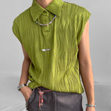 Bonsir Summer Fashion Wave Striped Ribbed Lapel Tank Tops Mens Streetwear Vintage Solid Color Loose Sleeveless Button Vest Men Camisole