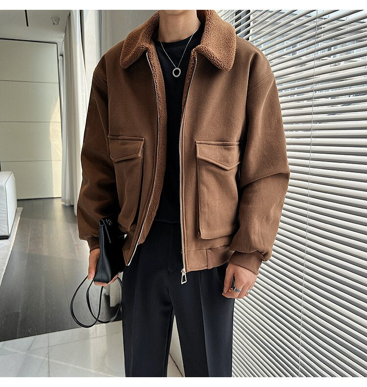 Bonsir Winter Men Lamb Fur Inner Fashion Loose Casual Vintage Short Cargo Jacket Male Japan Korean Streetwear Coat Outerwear