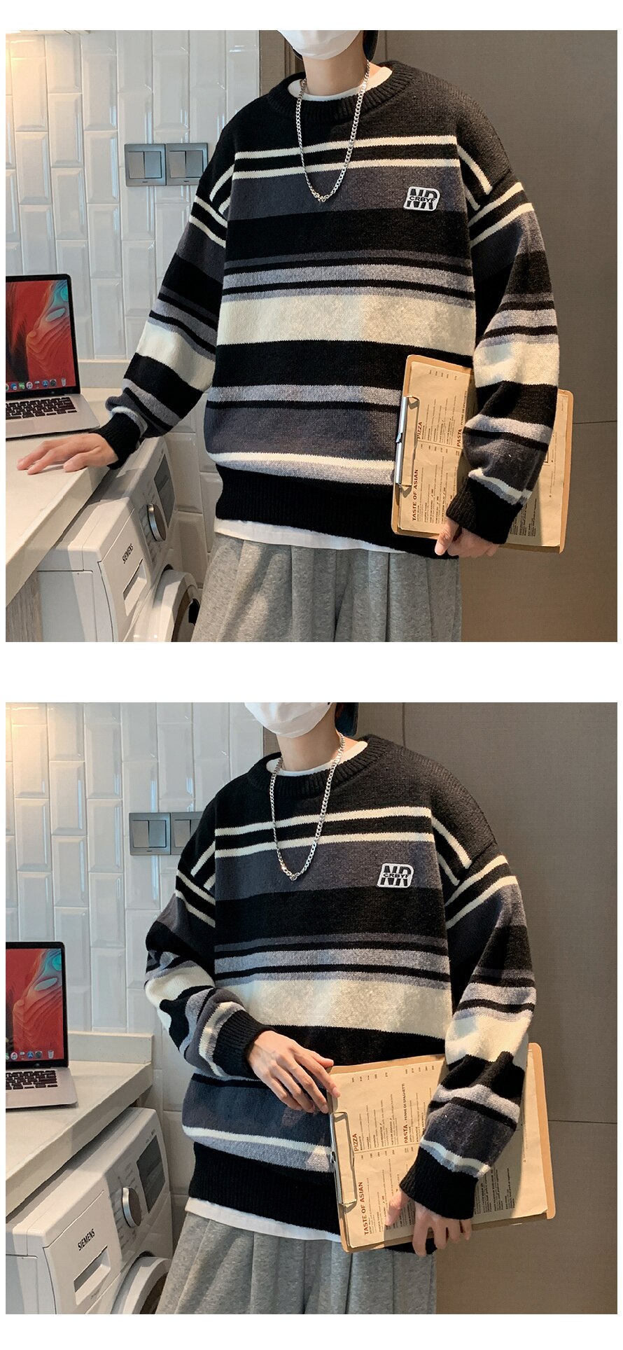 Bonsir Stripe Contrast Sweater Men's Autumn and Winter Fashion Brand Trendy Loose Round Neck Pullover Knitwear Sweater Coat