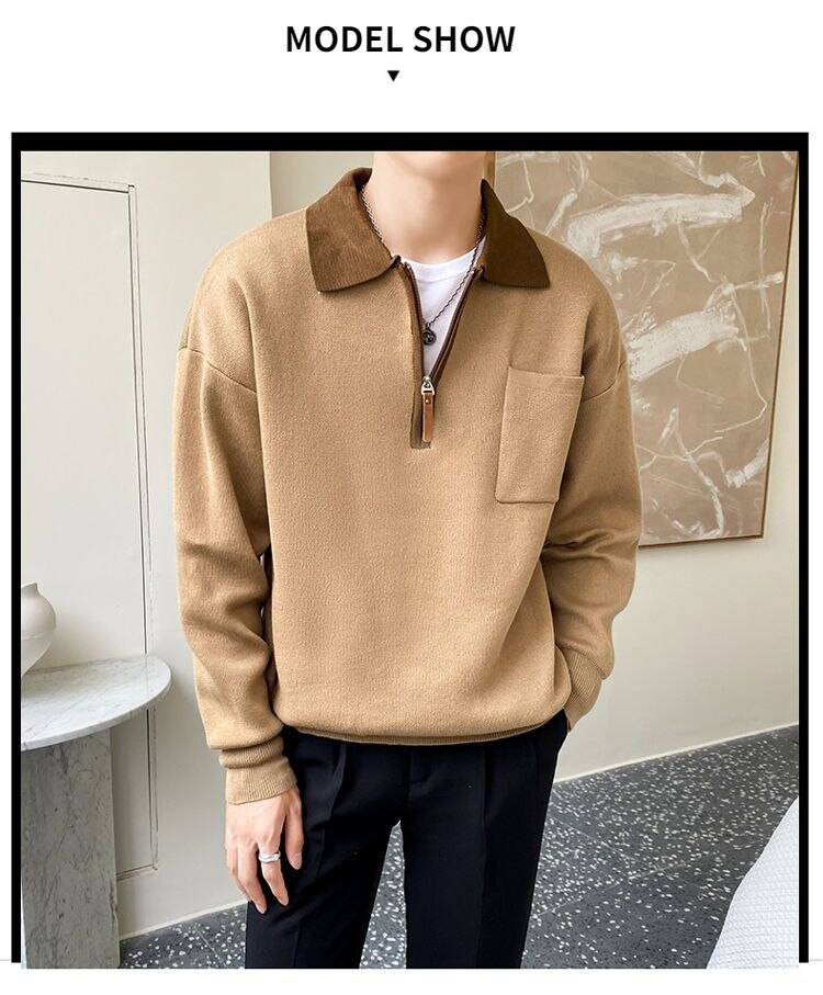 Bonsir Autumn New Knitted Sweater Men Business Casual Patchwork Polo Lapel Zipper Sweater Harajuku Mens Loose Japanese Pullove