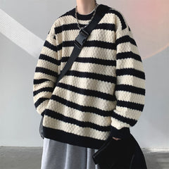 Bonsir Winter Striped Sweater Men Warm Fashion Casual Knit Pullover Men Korean Loose Oversized Long Sleeve Sweater Mens Jumper Clothes