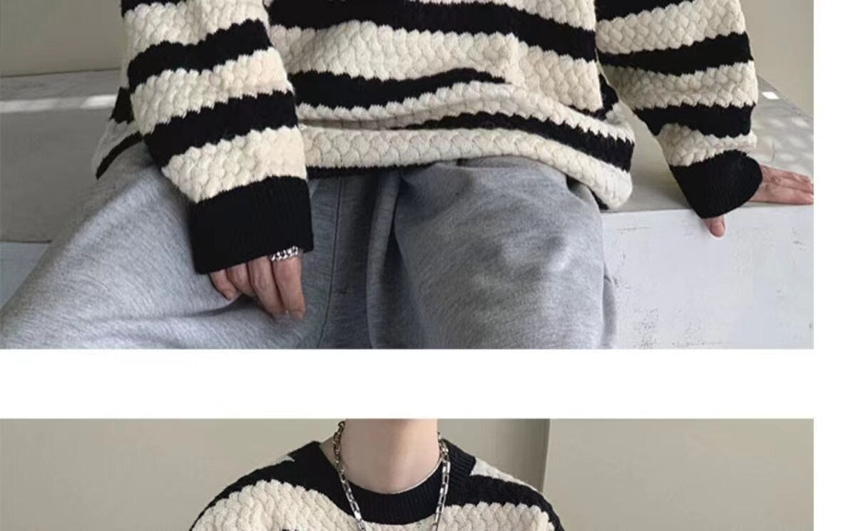 Bonsir Winter Men's Stripe Printing Coats Round Neck Wool Sweater Retro Loose Pullover Fashion Trend Thickened Knitting M-2XL