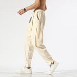 Bonsir Men Cotton Linen Jogger Harem Pants Plus Size Men Loose Solid Casual Elastic Waist Ribbon Hip Hop Sports Comfortable Breathable