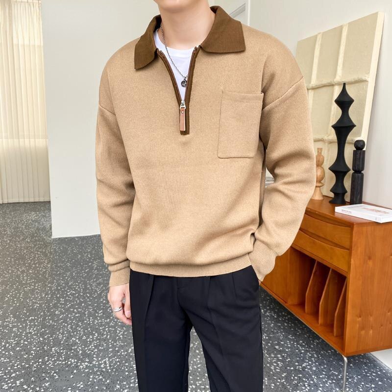 Bonsir Autumn New Knitted Sweater Men Business Casual Patchwork Polo Lapel Zipper Sweater Harajuku Mens Loose Japanese Pullove