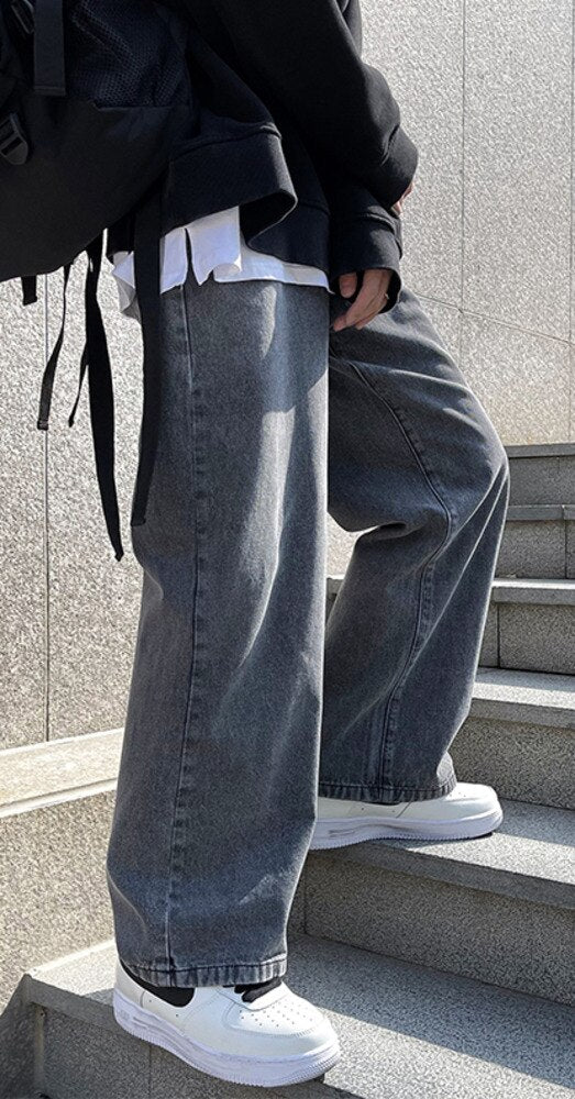 Harajuku Korean Style Adjustable Waist Wide Leg Jeans (Light Blue/Blue/Dark  Grey)