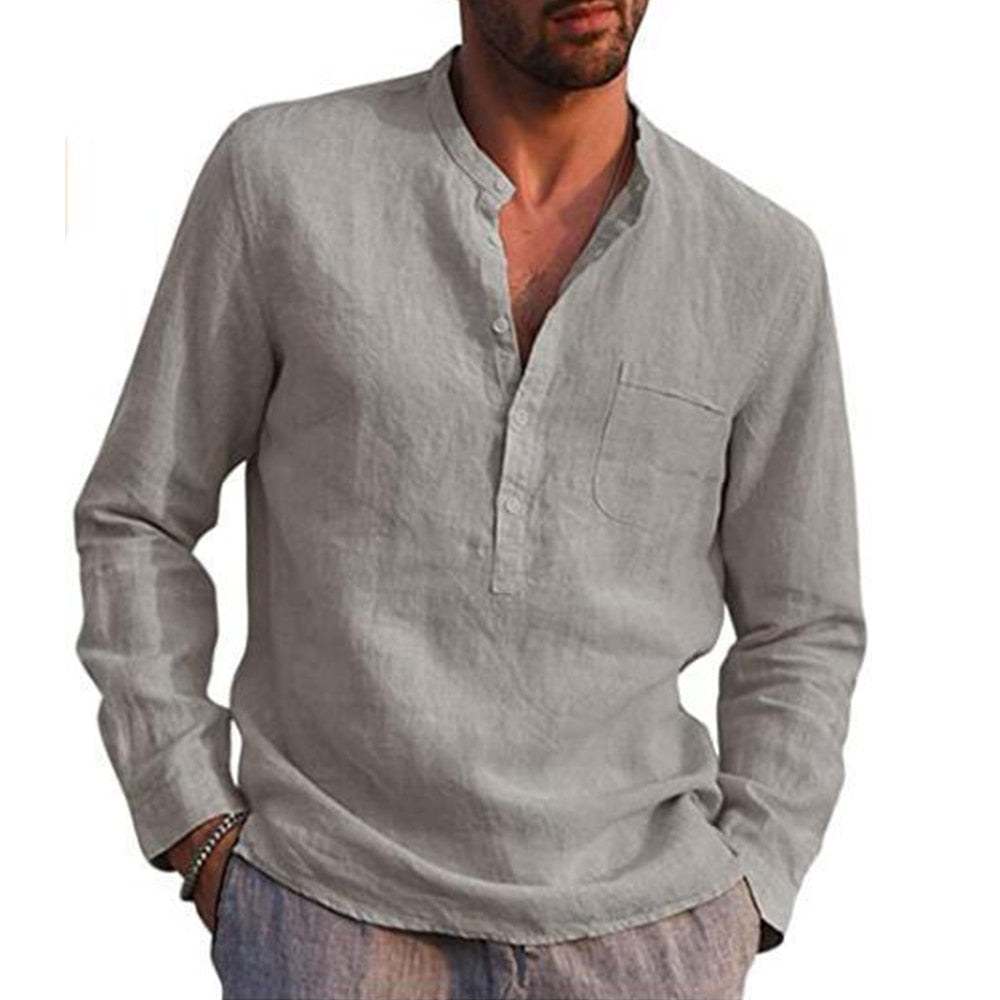 Bonsir Cotton Linen Hot Sale Men's Long-Sleeved Shirts Summer Solid Color  Stand-Up Collar Casual Beach Style Plus Size